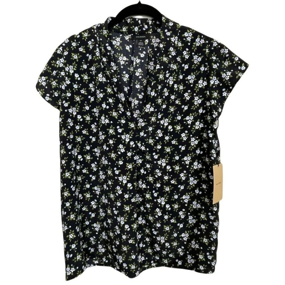 NWT Halogen Women's Size XS Black Floral‎ V-Neck Blouse Short Sleeve Top